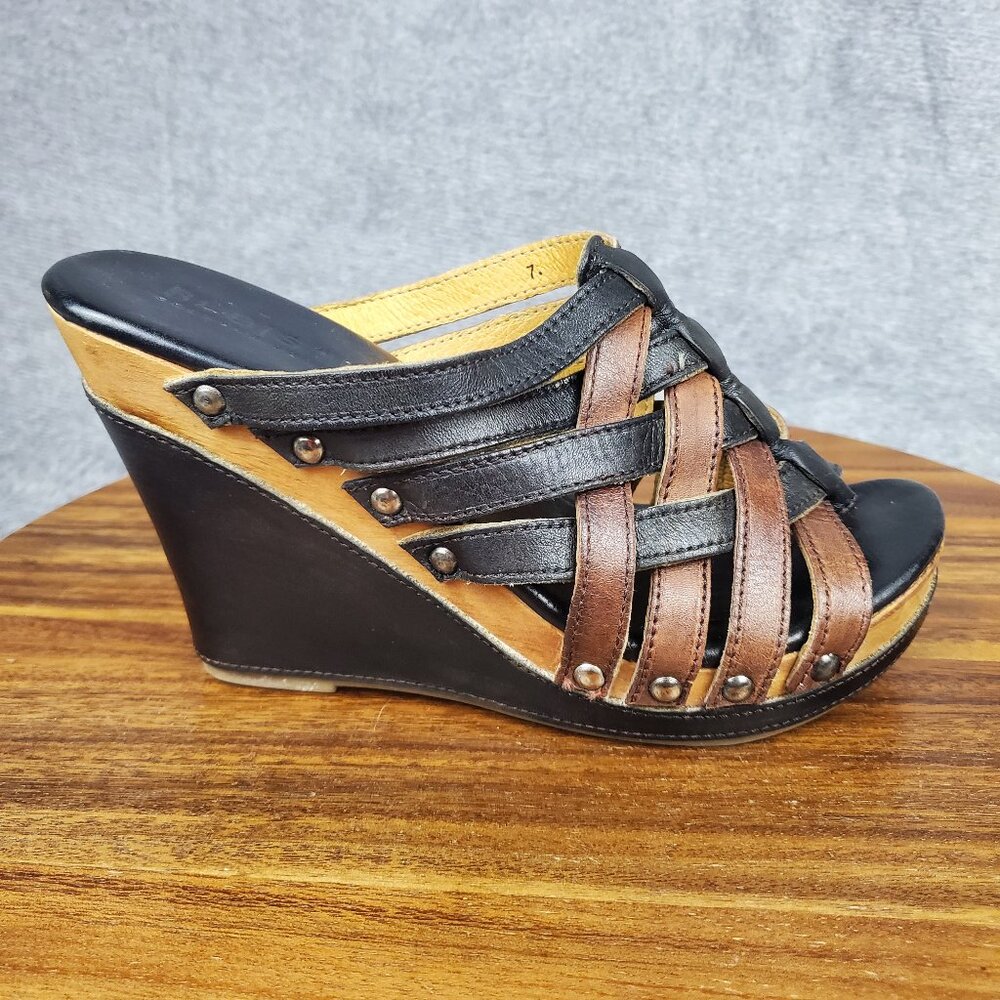 Bed Stu Sandals Women's 7 Brown Black Leather Gina Wedge Straps Slip On Platform - Picture 1 of 11